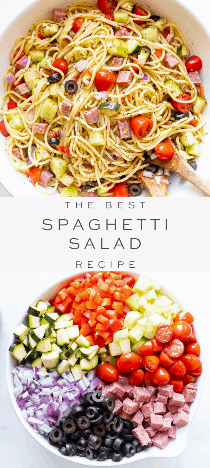 spaghetti salad in white bowl, overlay text, ingredients in spaghetti salad
