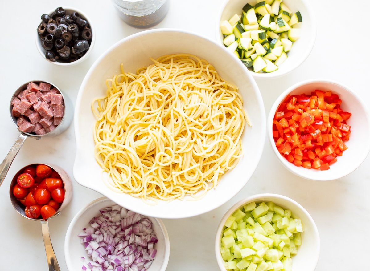 Ingredients for spaghetti salad.