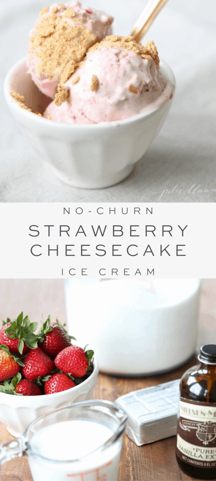 strawberry cheesecake ice cream in white bowl, overlay text, ice cream ingredients, sugar, strawberries, cream, and vanilla