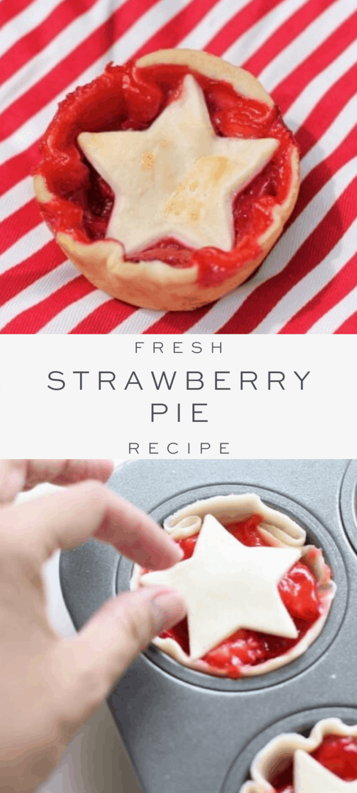 mini strawberry pie on red and white striped cloth, overlay text, close up of strawberry pie in muffin tin unbaked