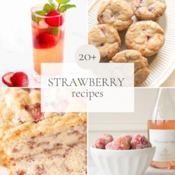 A graphic with photos of strawberry recipes, title reads "20+ Strawberry Recipes"