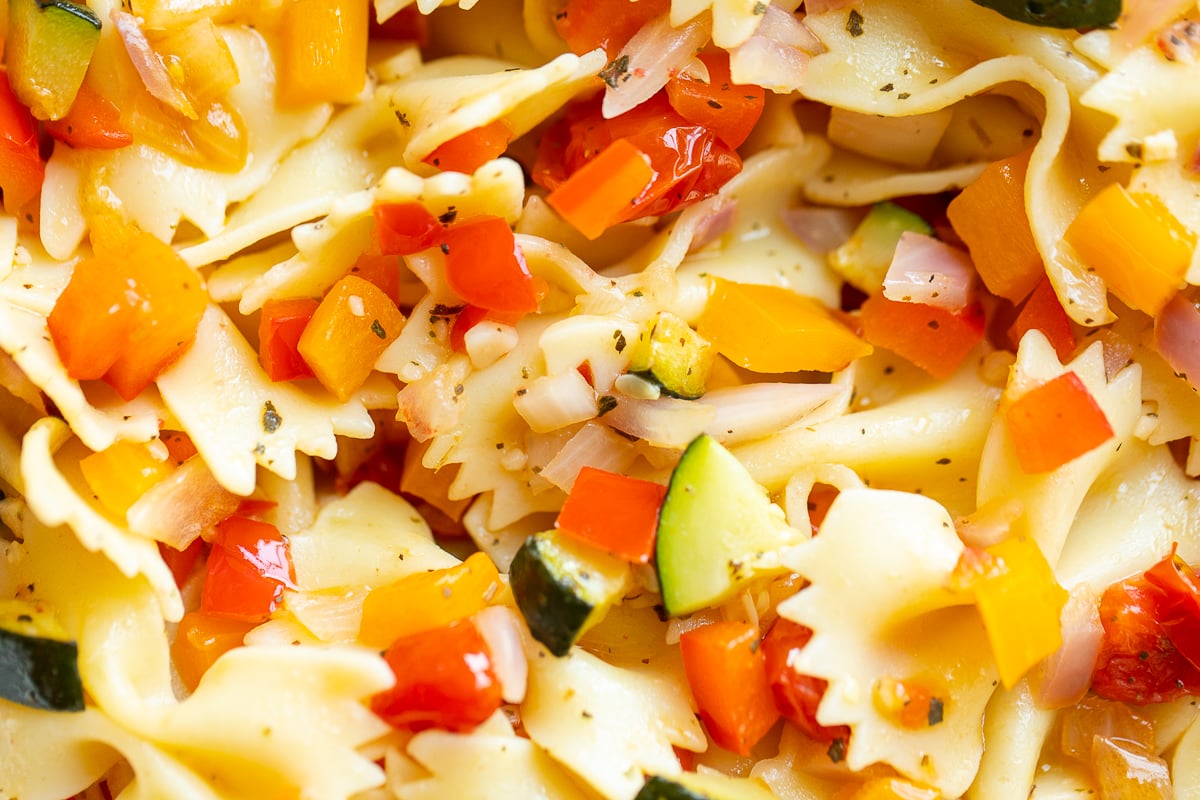 Close up image of a veggie pasta salad recipe.