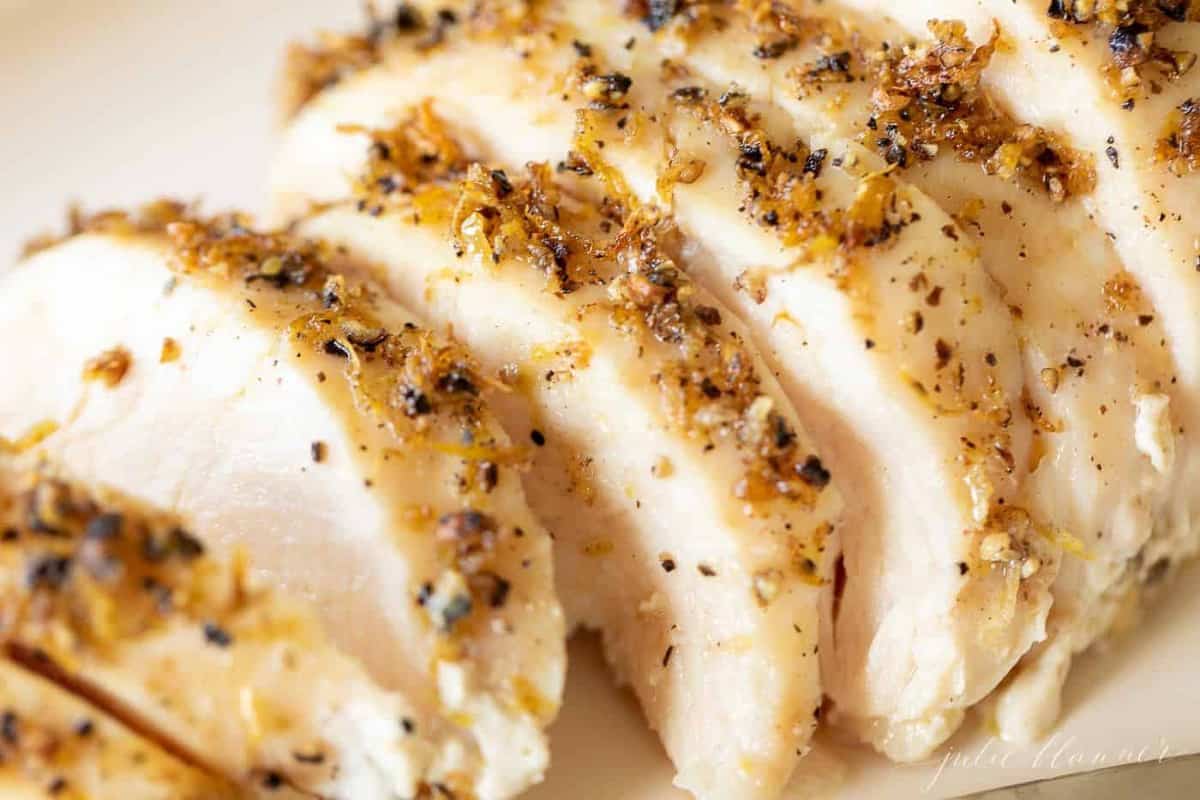 sliced chicken with lemon pepper seasoning.