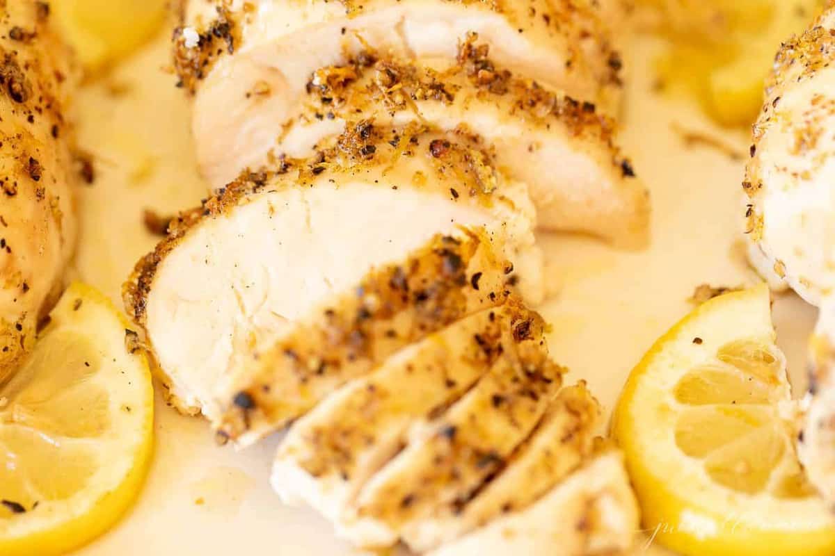 sliced chicken with lemon pepper seasoning.