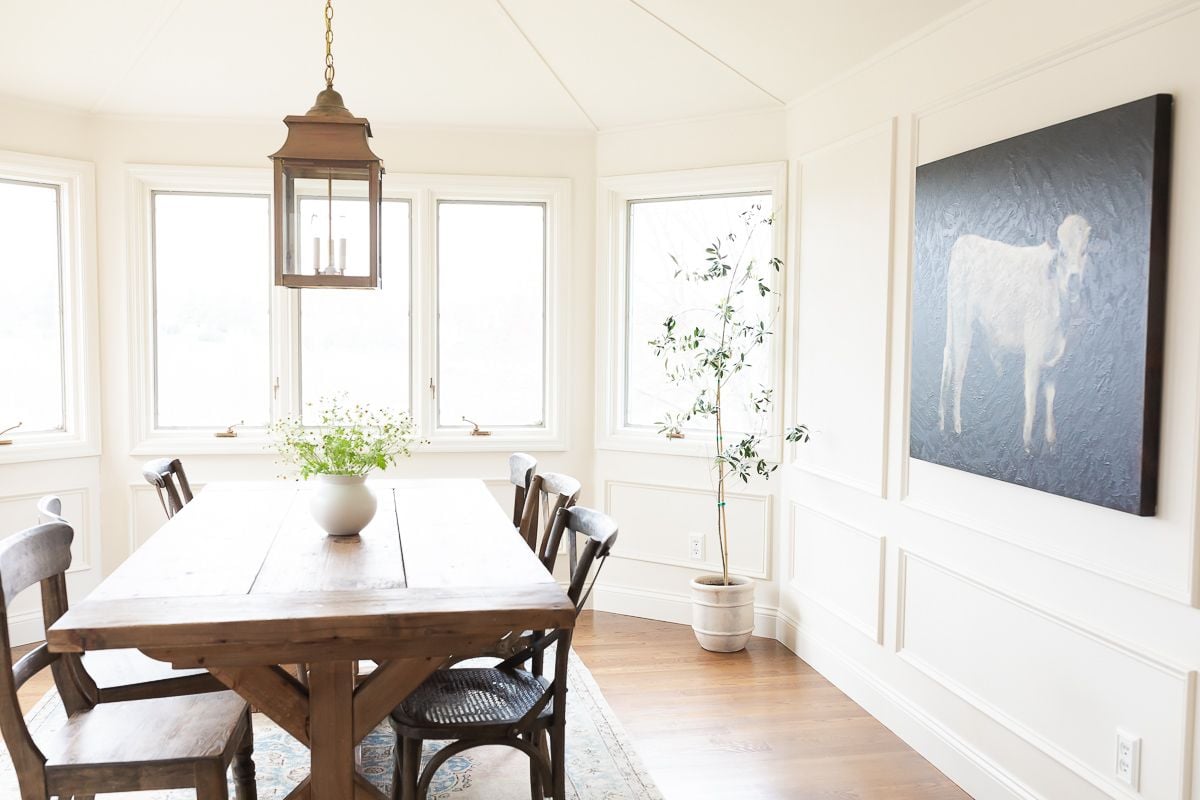 A white dining room with a farm table and easy house plant in the corner