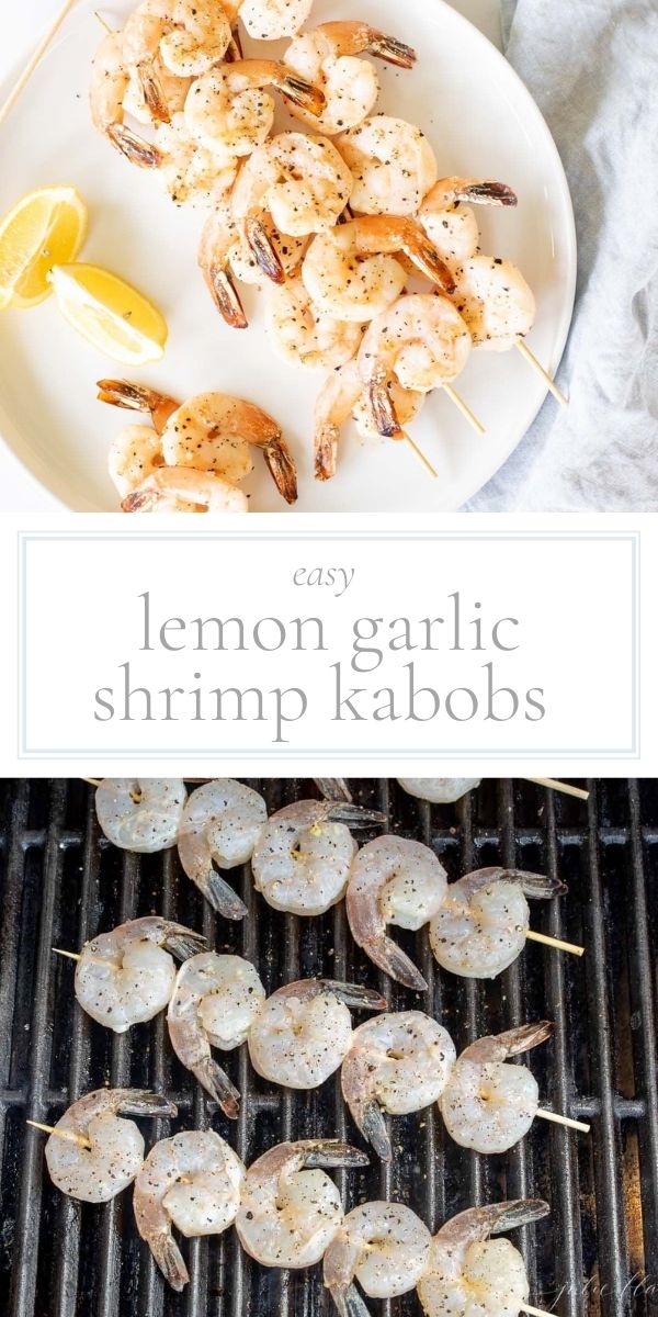 Top photo in post is grilled shrimp kabob on a white round plate. Bottom photo is raw shrimp kabobs on a grill.