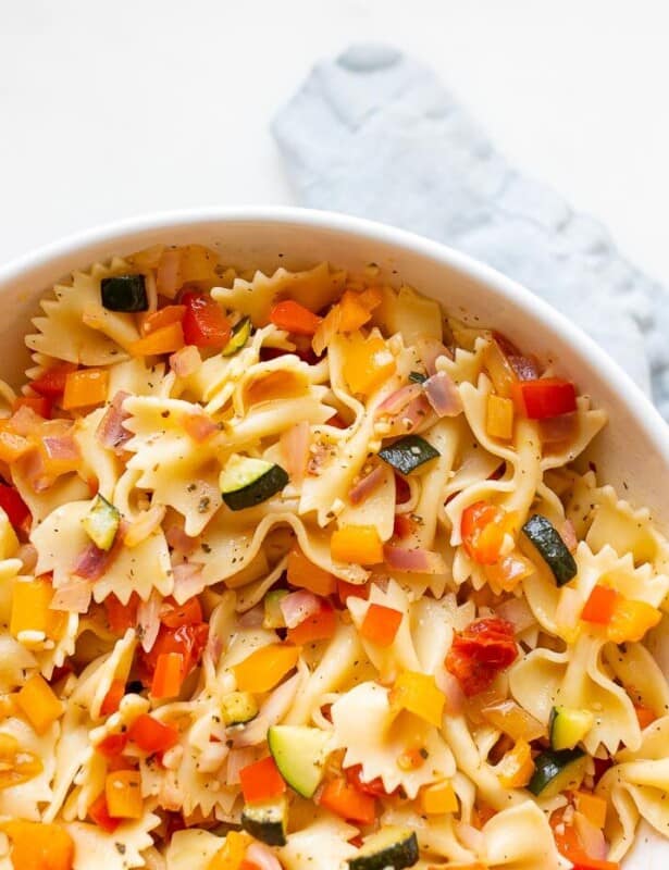 A white bowl filled with an easy pasta salad recipe