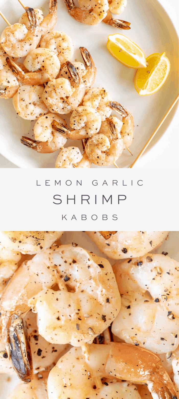 lemon garlic shrimp on platter with lemon slices, overlay text, close up of shrimp