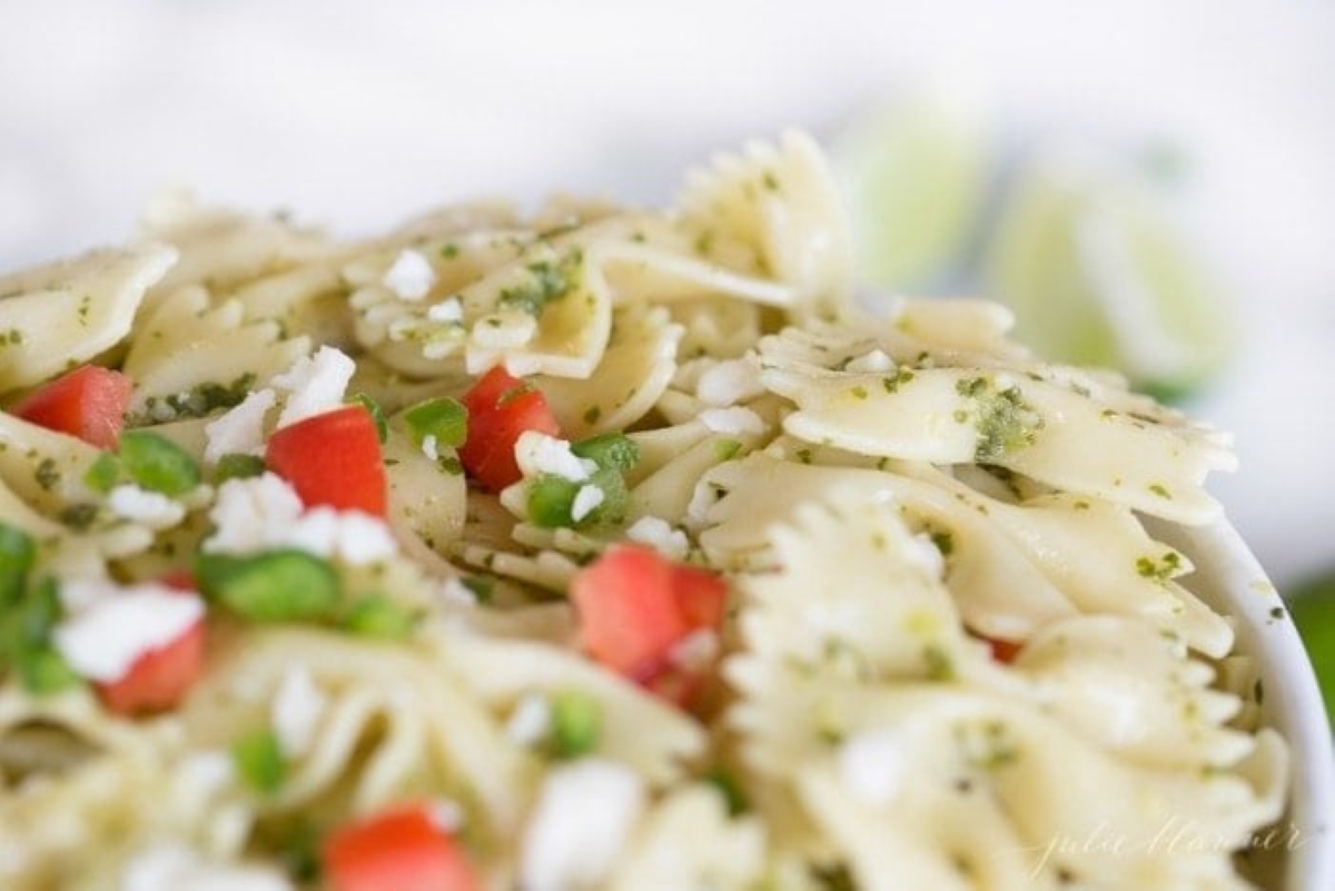 A close up of a Mexican inspired pasta salad recipe.
