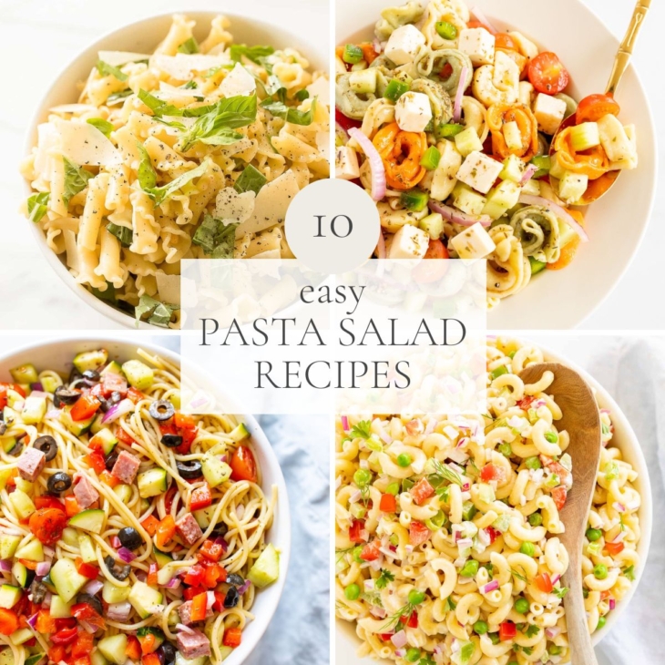 A graphic image featuring four different bowls of pasta salad, headline reads 