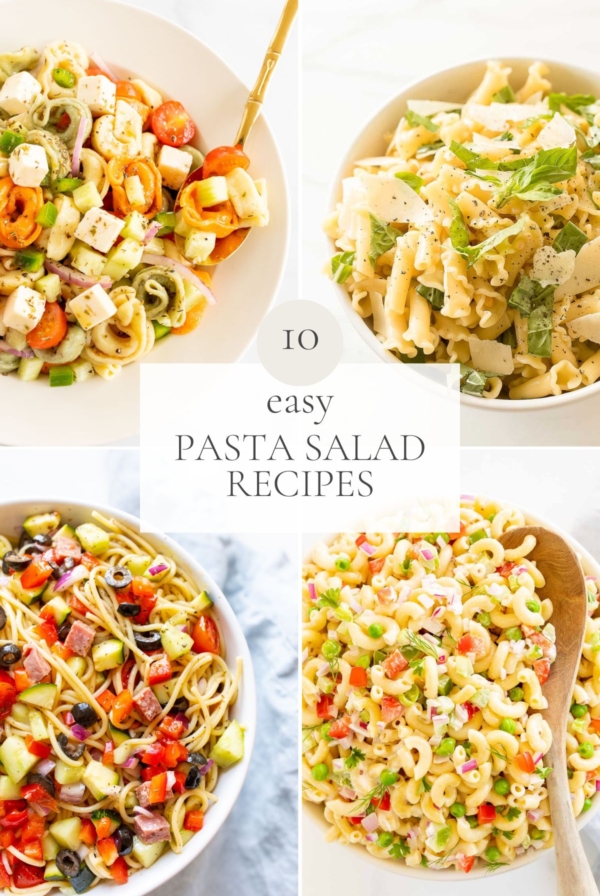 A graphic image featuring four different bowls of pasta salad, headline reads "10 easy pasta salad recipes" across the center.