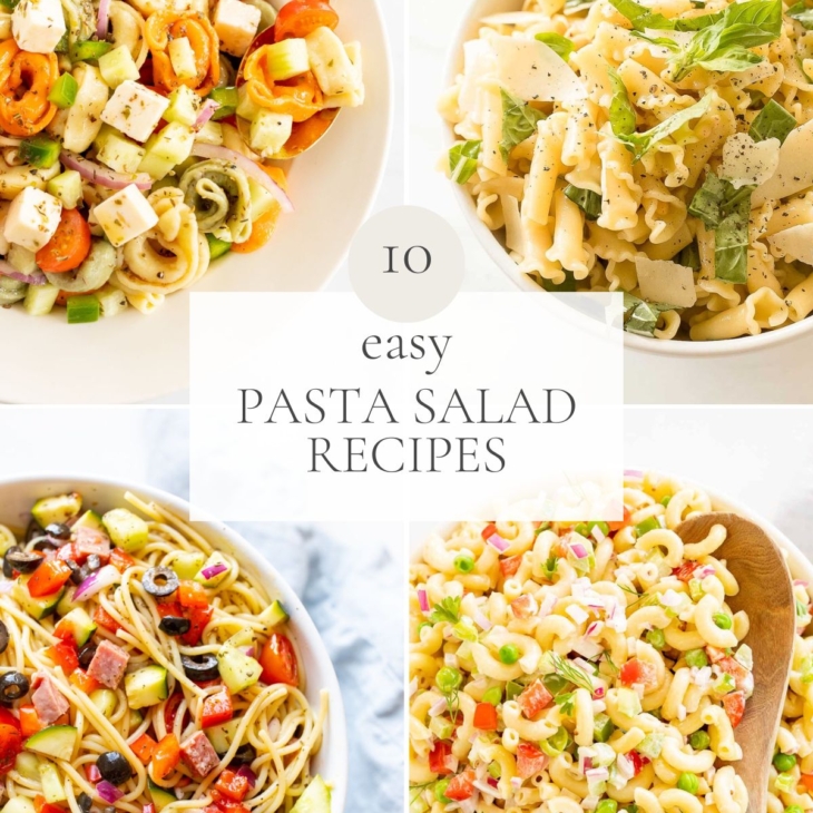 A graphic image featuring four different bowls of pasta salad, headline reads "10 easy pasta salad recipes" across the center.