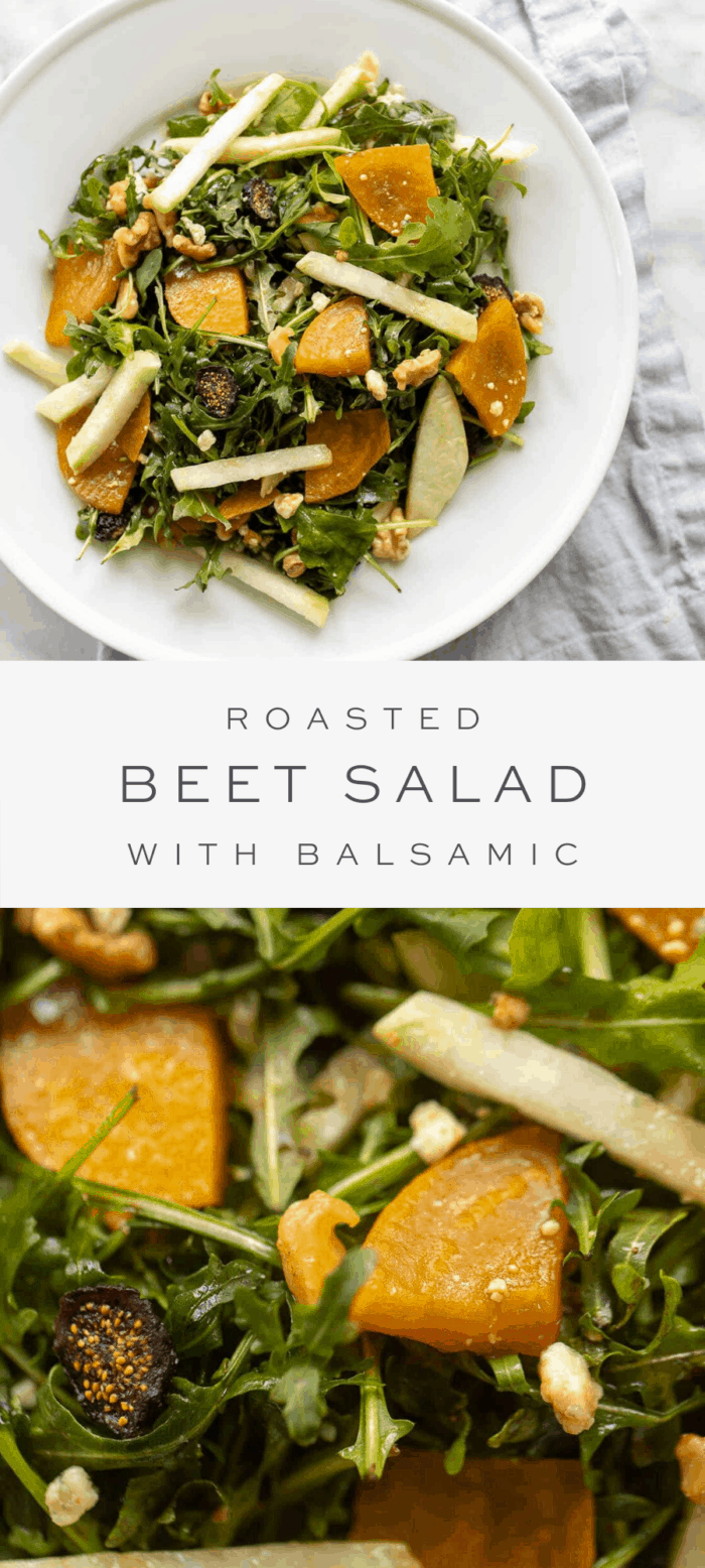 roasted beet salad with balsamic vinaigrette on white plate, overlay text, close up of beet salad
