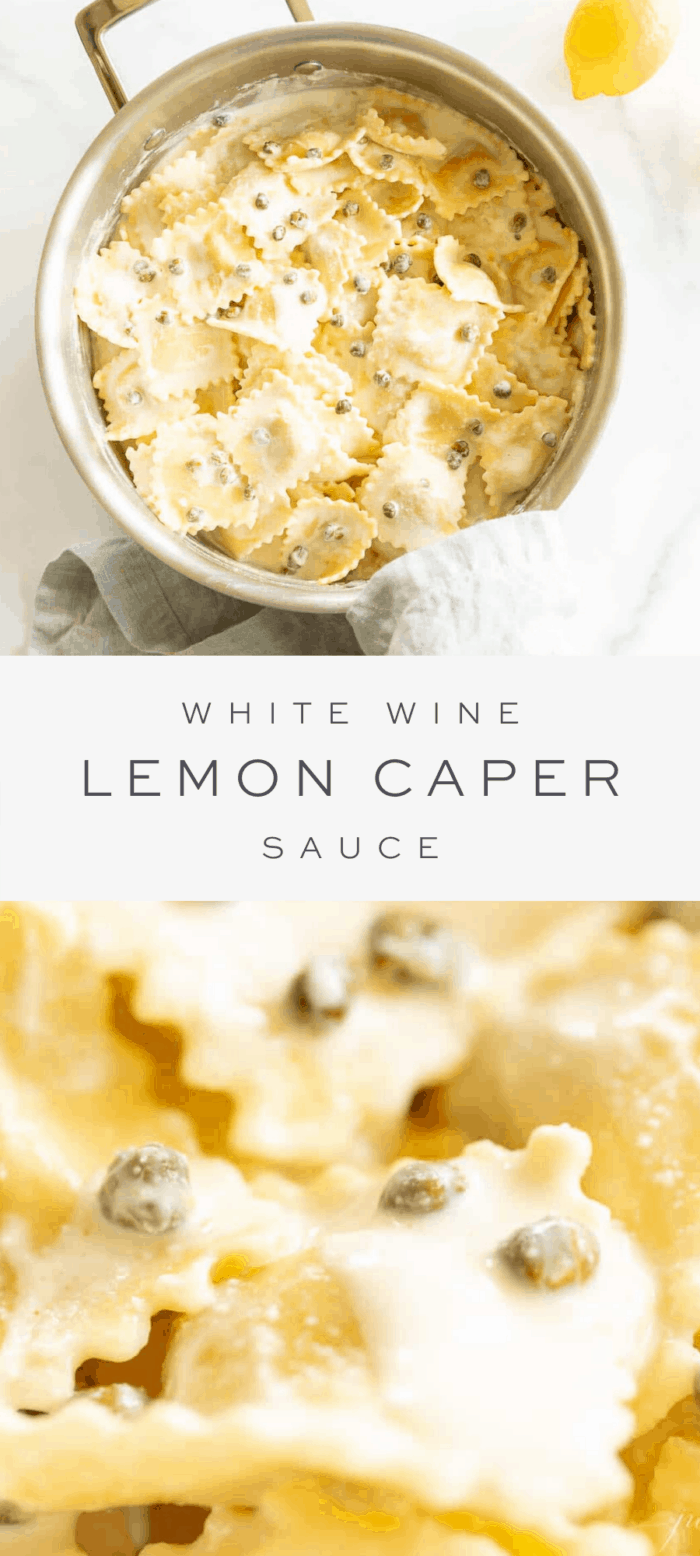 white wine lemon caper sauce in stainless steel skillet, overlay text, close up of white wine lemon caper sauce