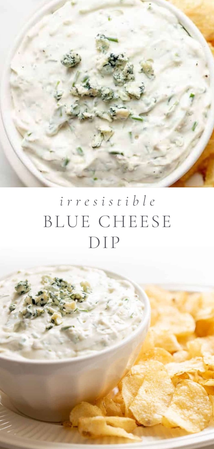 a picture of a bowl of blue cheese dip and a picture of a bowl of blue cheese dip surrounded by chips