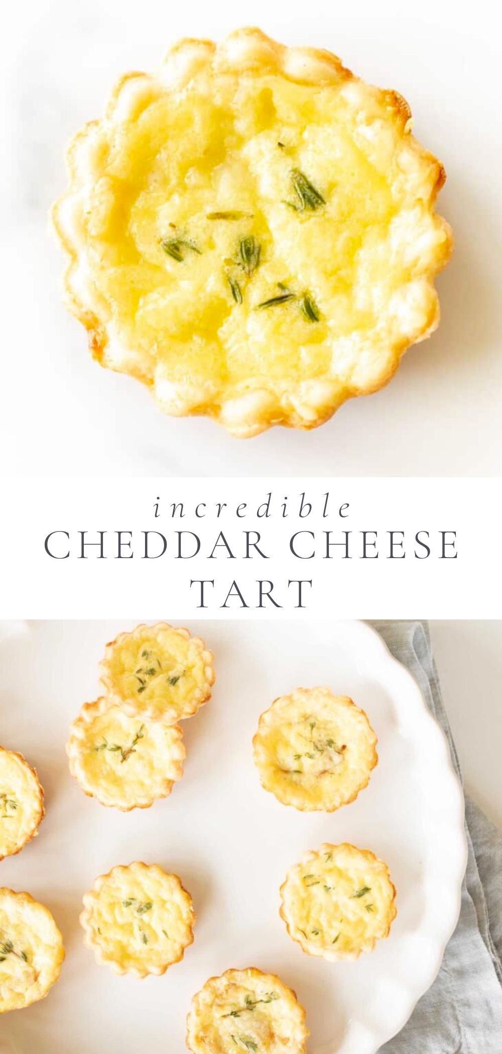 cheddar cheese tart, overlay text, close up of unbaked tart in a muffin tin