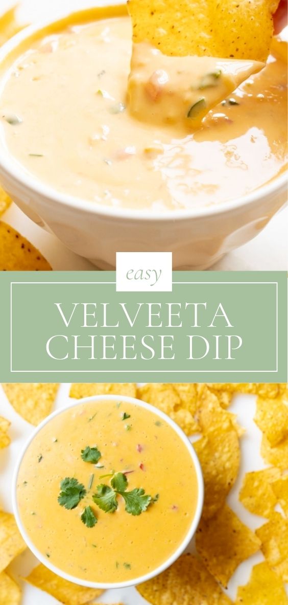 in a white bowl there is Velveeta Cheese Dip surrounded by tortilla chips.