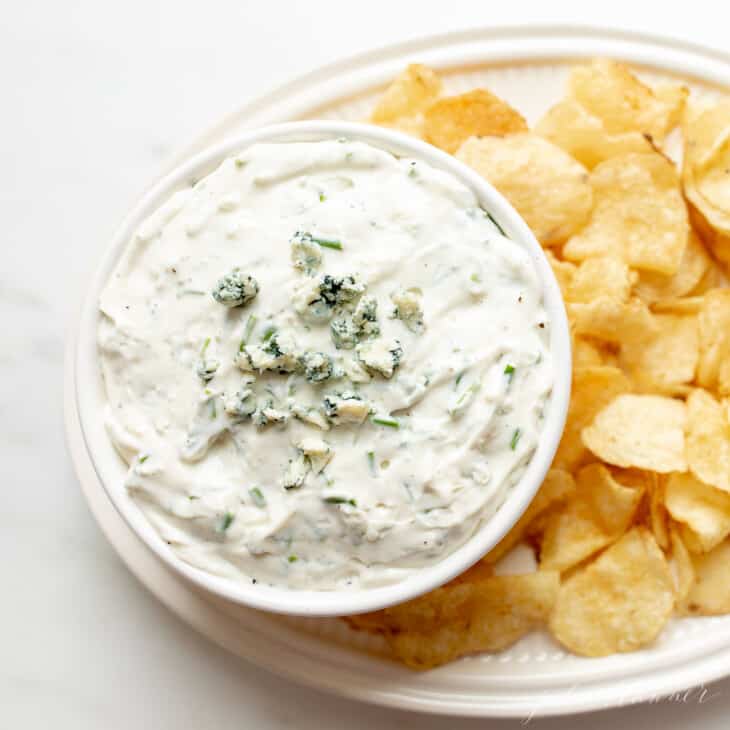 dip in bowl on platter with chips