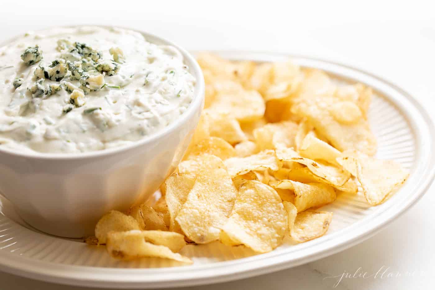 dip in bowl on platter with chips