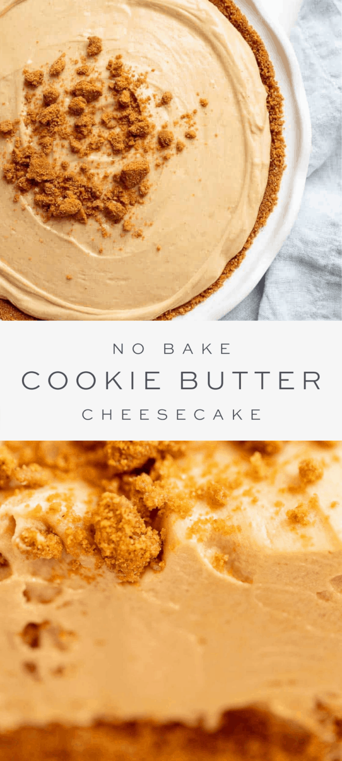 no bake cookie butter cheesecake with graham cracker crumbled on top, overlay text, close up of cheesecake