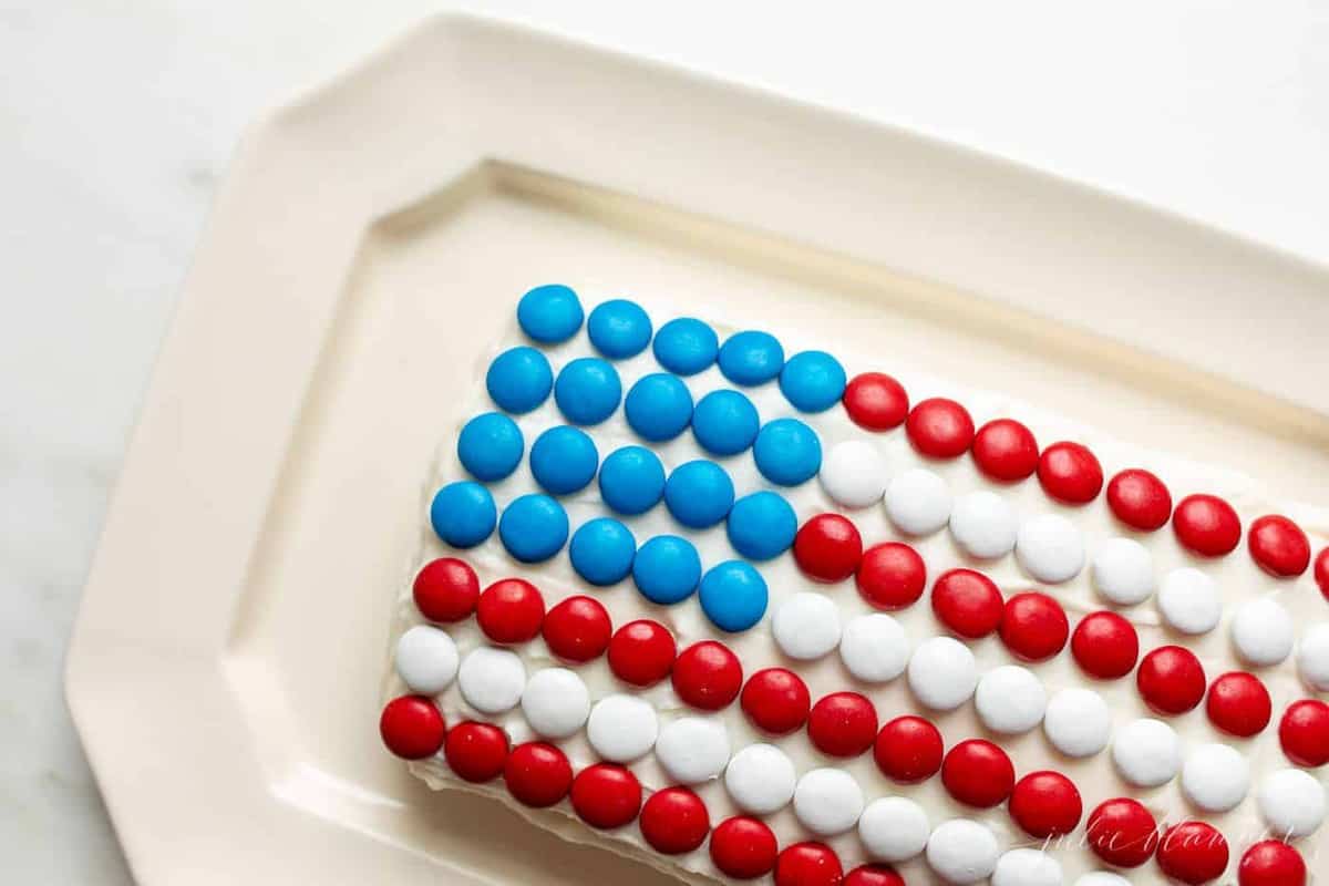 A frosted 4th of July cheeseball flag dessert, m&ms making stars and stripes