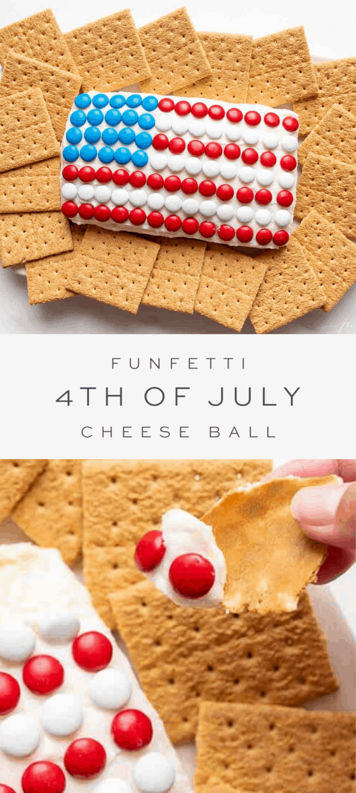 funfetti flag cheese ball with crackers, overlay text, close up of cheeseball