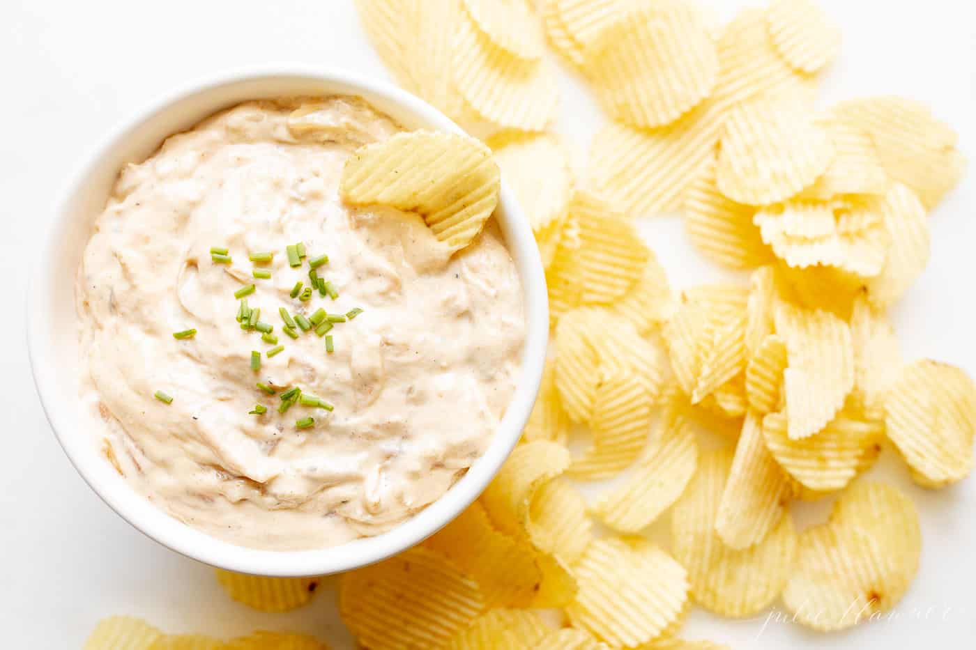 dip bowl surrounded by chips
