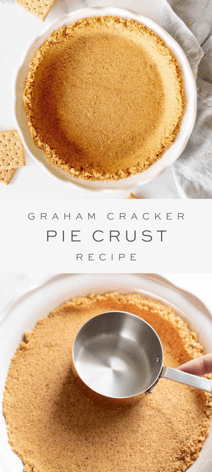 graham cracker pie crust in white pie dish, overlay text, measuring spoon smoothing out pie crust