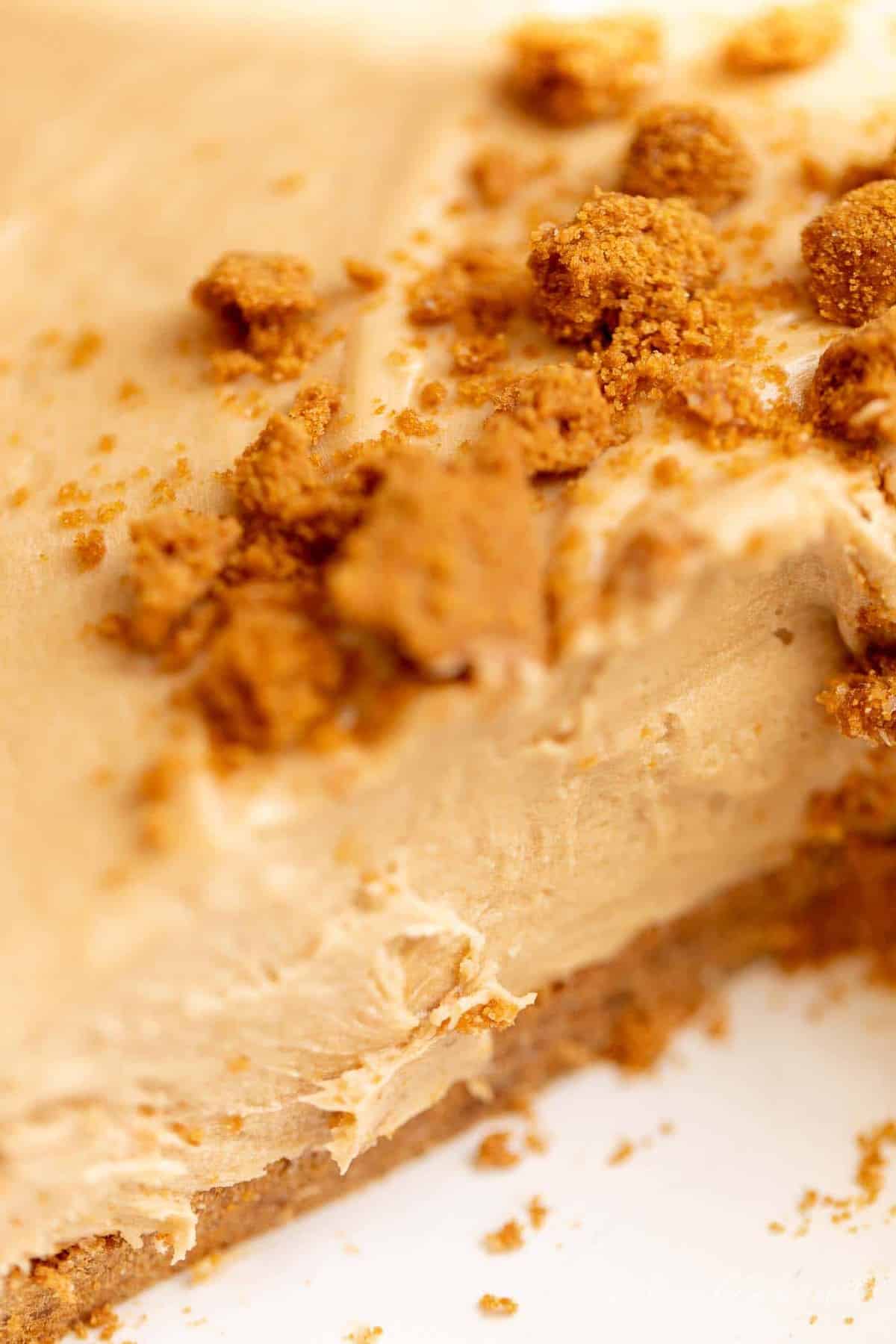 Close up shot of a cookie butter cheesecake recipe.