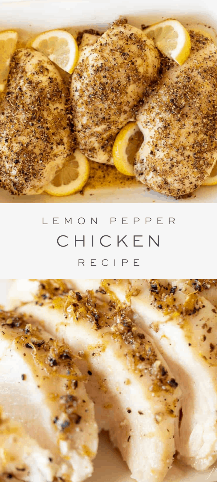 lemon pepper chicken in dish, overlay text, sliced lemon pepper chicken