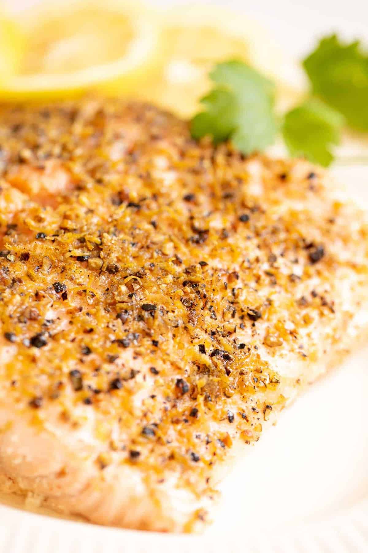 A close up shot of a fillet of lemon pepper salmon recipe.