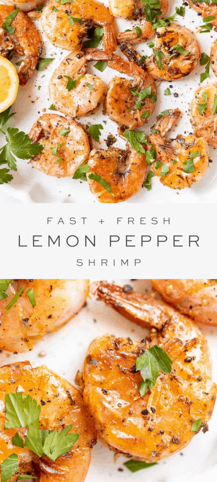 lemon pepper shrimp with parsley garnish, overlay text, close up of shrimp