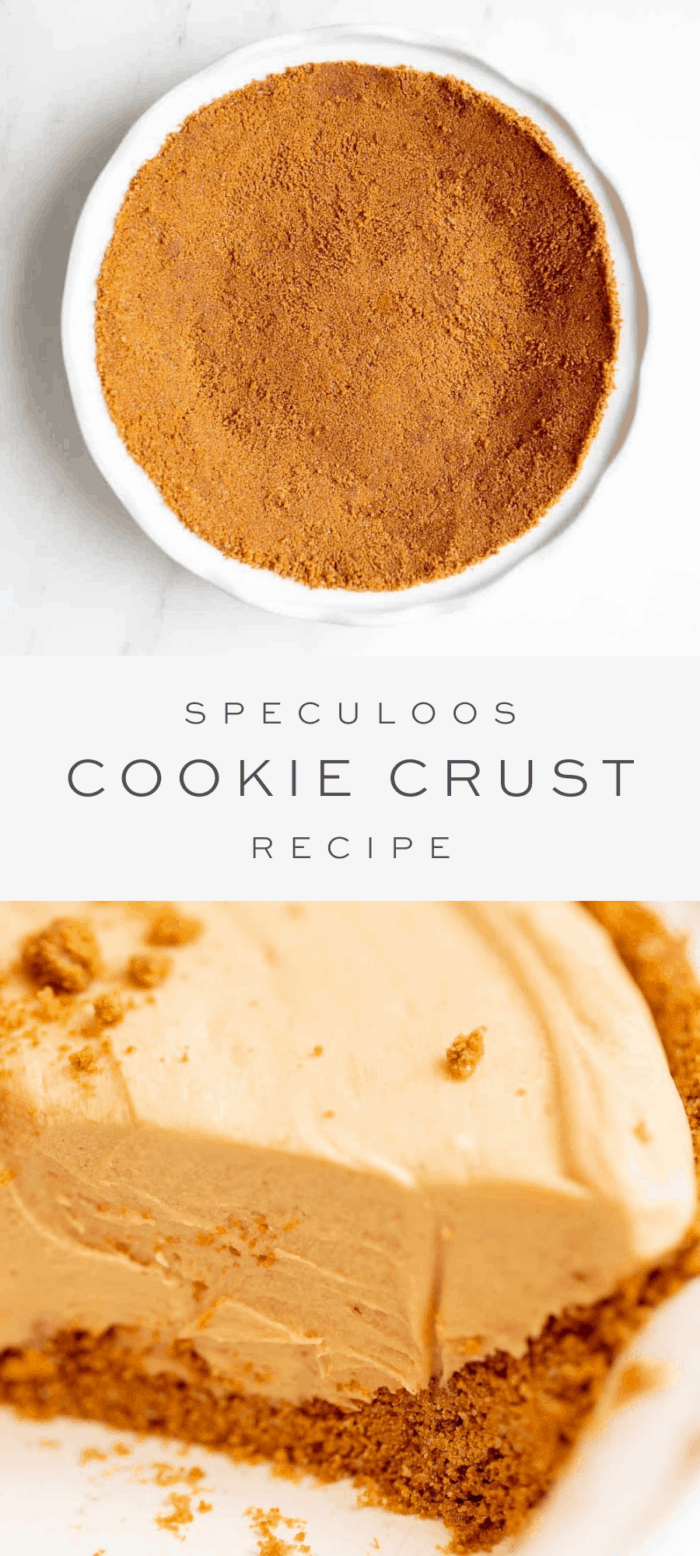speculoos cookie crust in white pie dish, overlay text, close up of pie filling and cookie crust