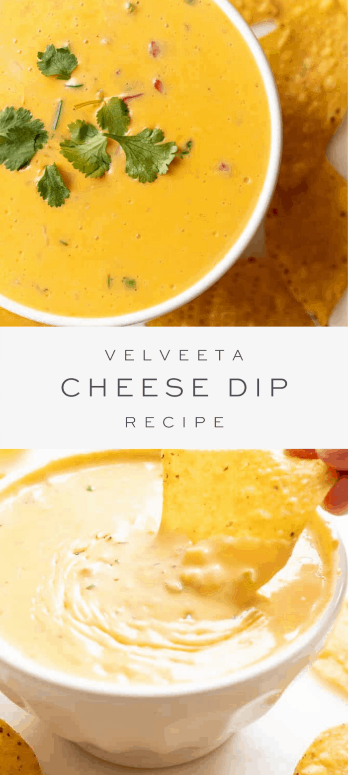 velveeta cheese dip in bowl topped with cilantro garnish, overlay text, chip dipped into a bowl of velveeta cheese dip