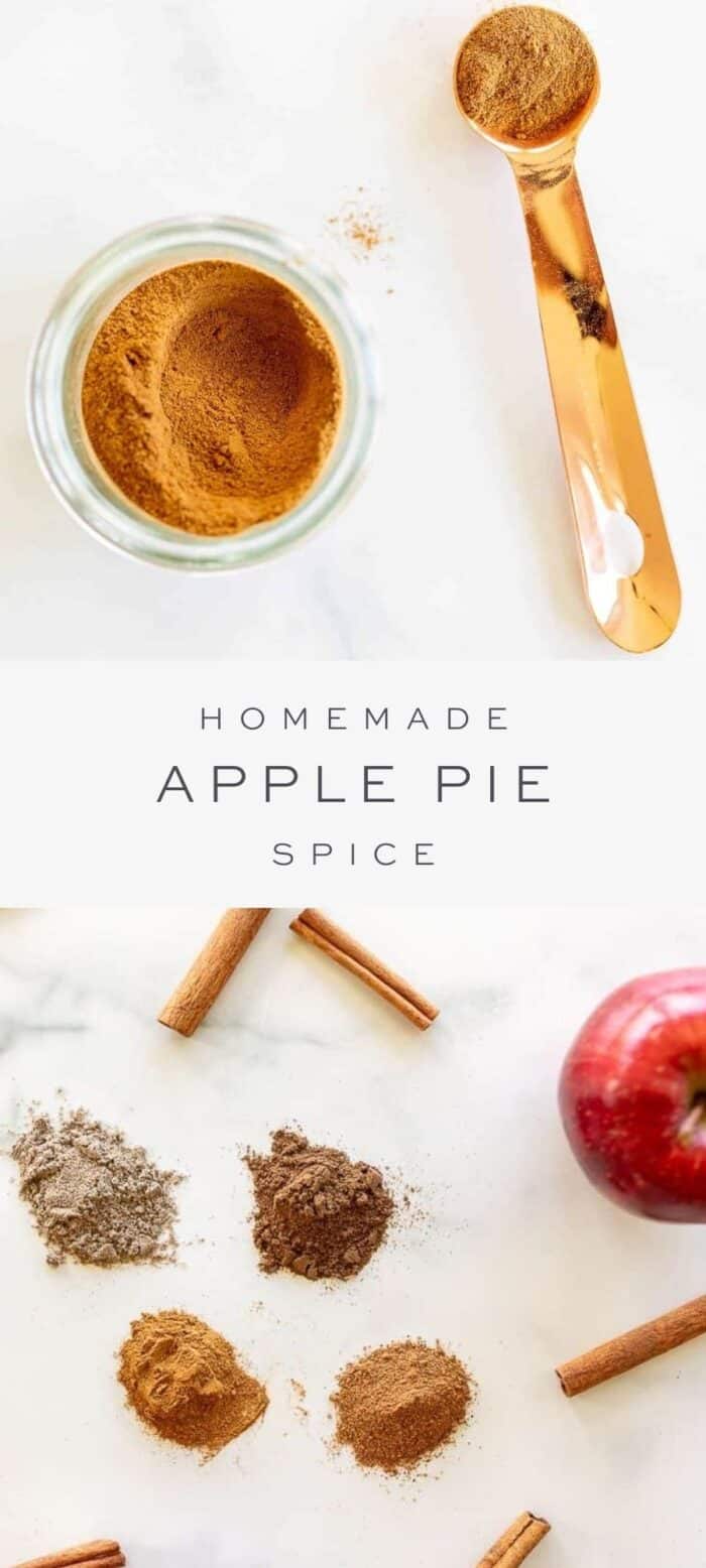 apple pie spice in jar on counter next to a measuring spoon, overlay text, ingredients in apple pie spice