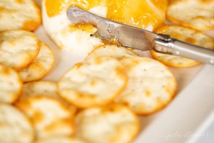 Grilled mozzarella and crackers on a  ceramic platter. 