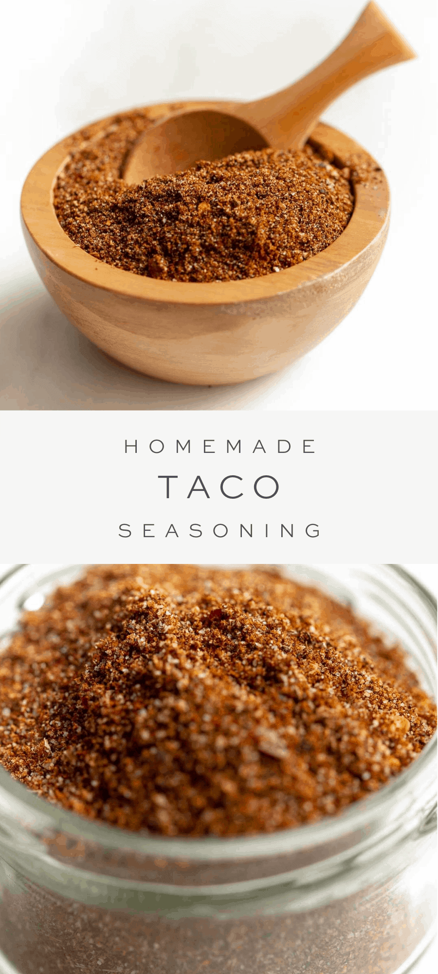 taco seasoning in wooden bowl with wooden spoon, overlay text, close up of taco seasoning