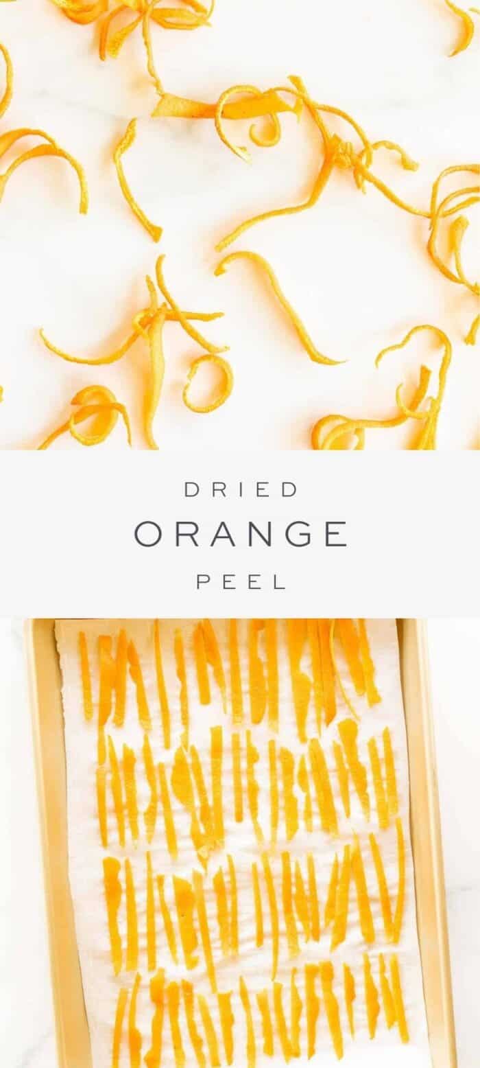 dried orange peels on counter, overlay text, orange peels on sheet pan