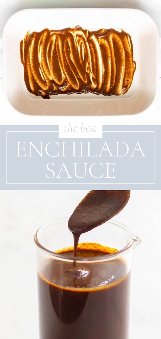 Title Page showing two pictures. The first picture shows a white baking dish with enchilada sauce and the second is a clear jar of enchilada sauce and a spoon dipping into it.