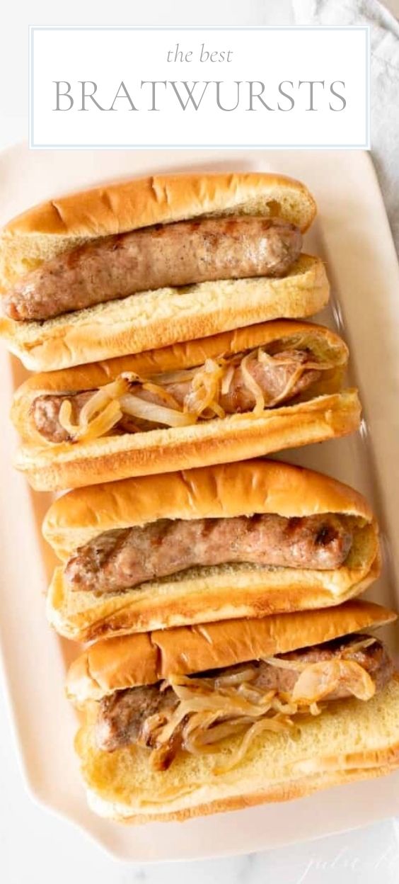 grilled bratwursts in buns on a platter, overlay text, close up of bratwurst