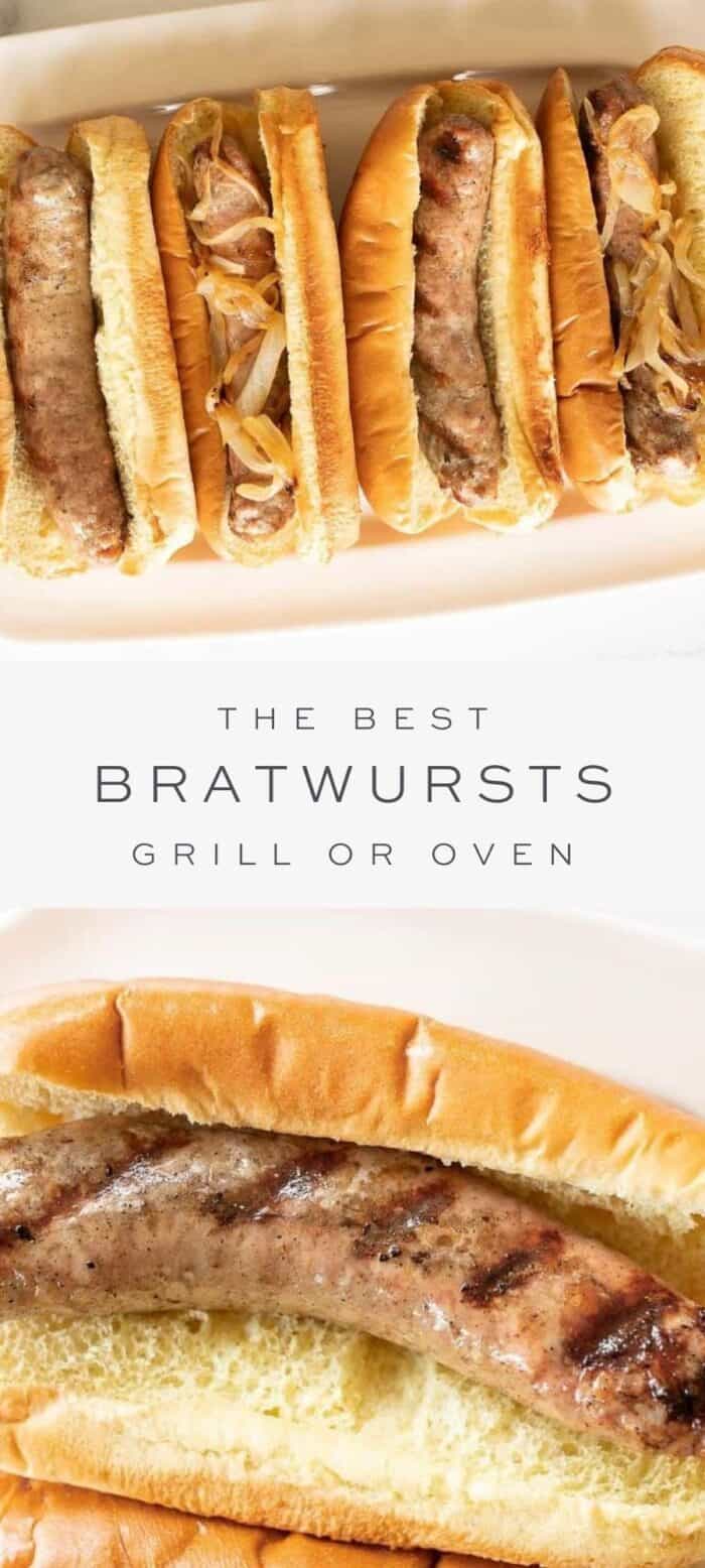 grilled bratwursts in buns on a platter, overlay text, close up of bratwurst