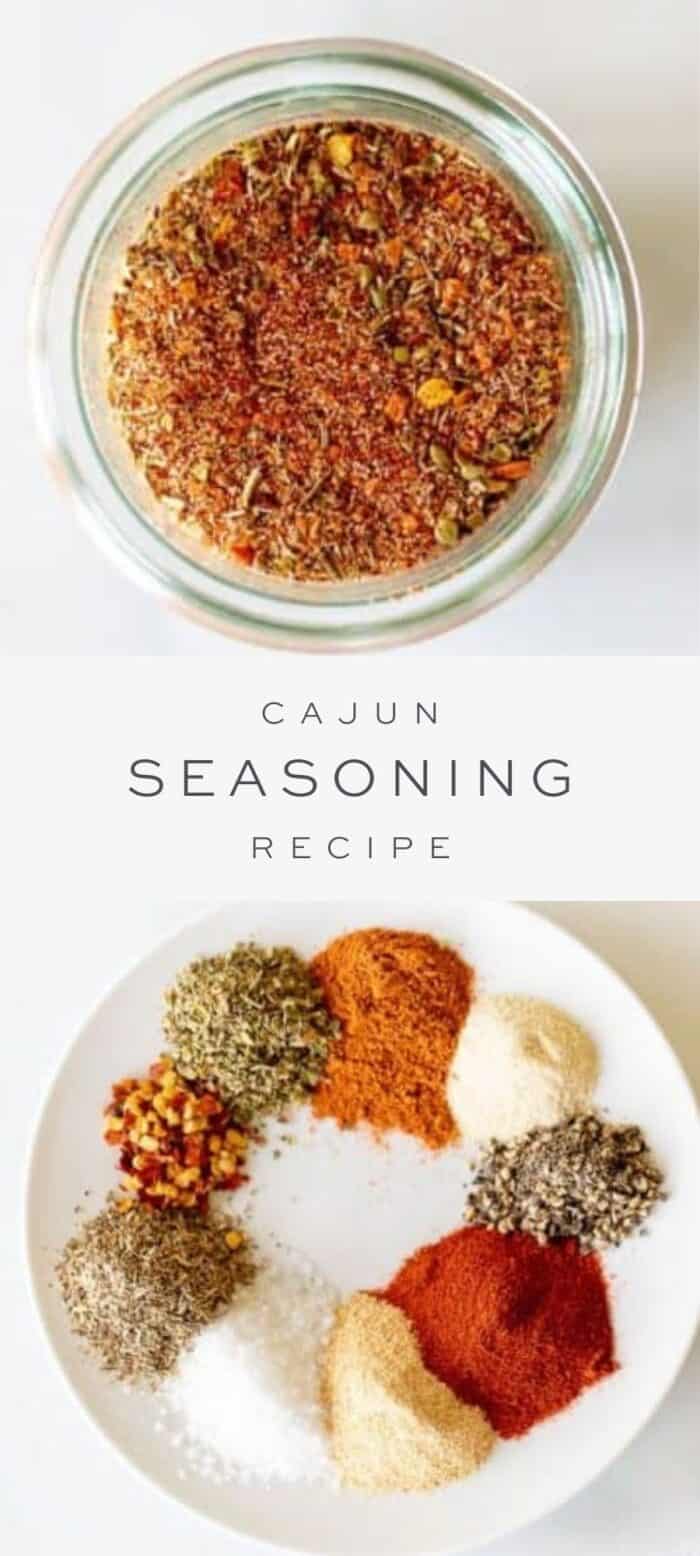 cajun seasoning in clear glass jar, text overlay, ingredients in cajun seasoning on plate