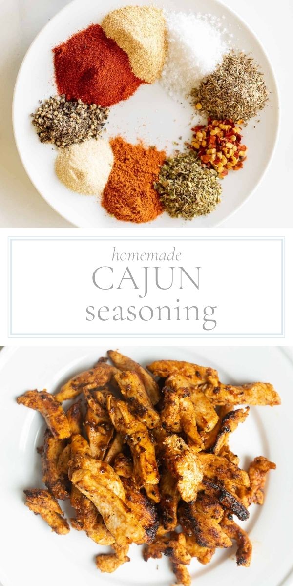 Top photo of post is a white plate displaying the individual seasonings that make up the cajun seasoning. Bottom photo is a plate of chicken wings coated in cajun seasoning.