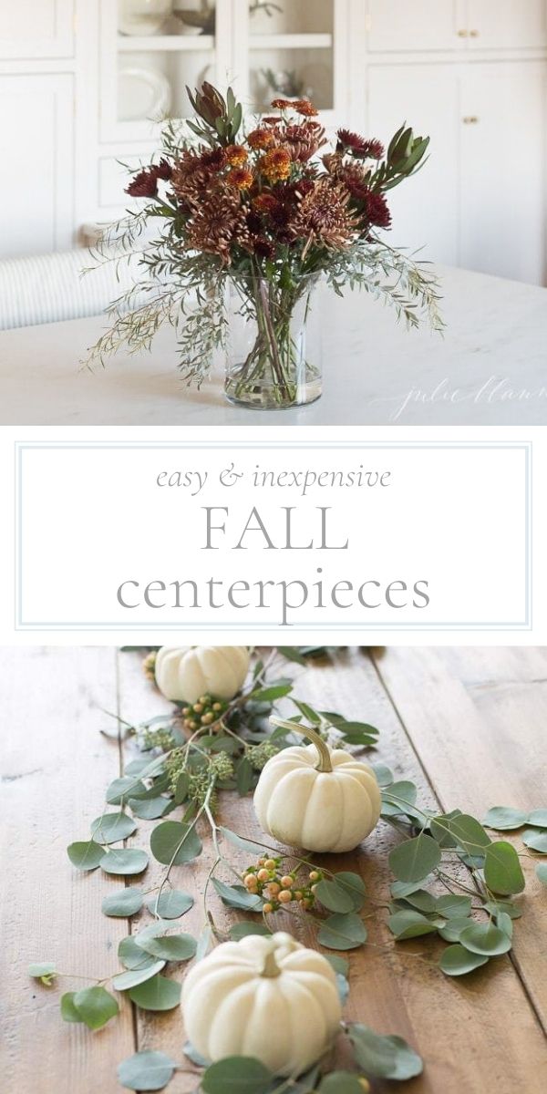 Fall centerpieces with pumpkins and eucalyptus.