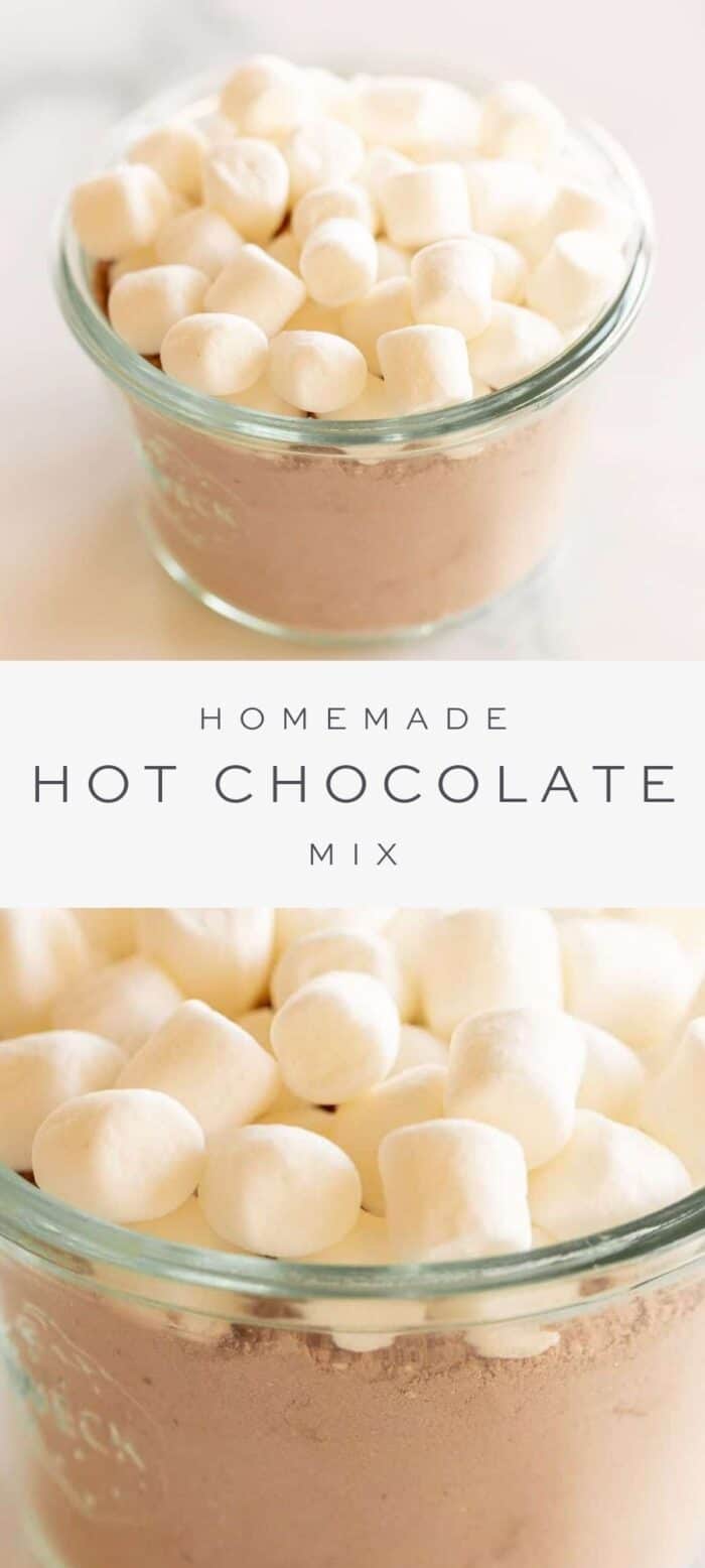 homemade hot chocolate mix topped with marshmallows, overlay text, close up of hot chocolate mix
