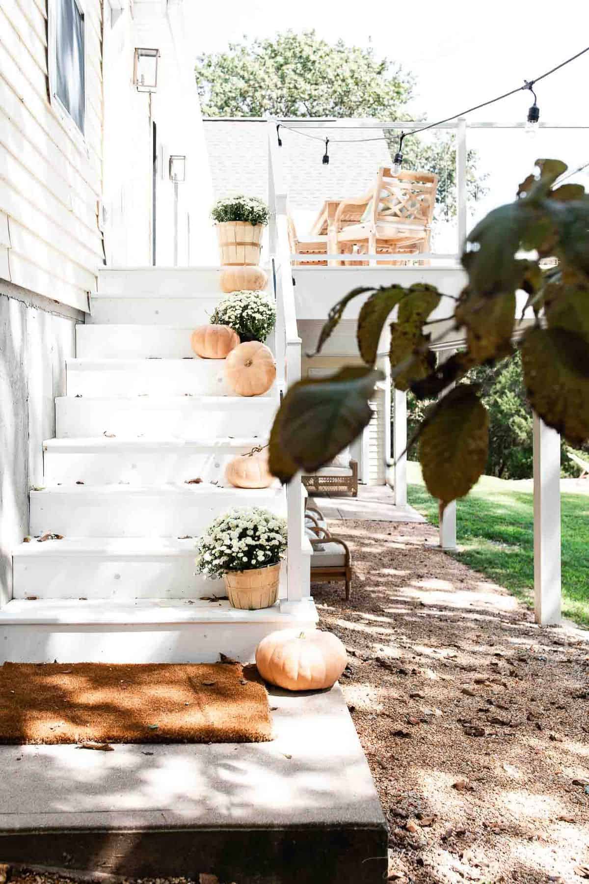 White deck steps decorated with minimalist fall decor, peach pumpkins and white mums.