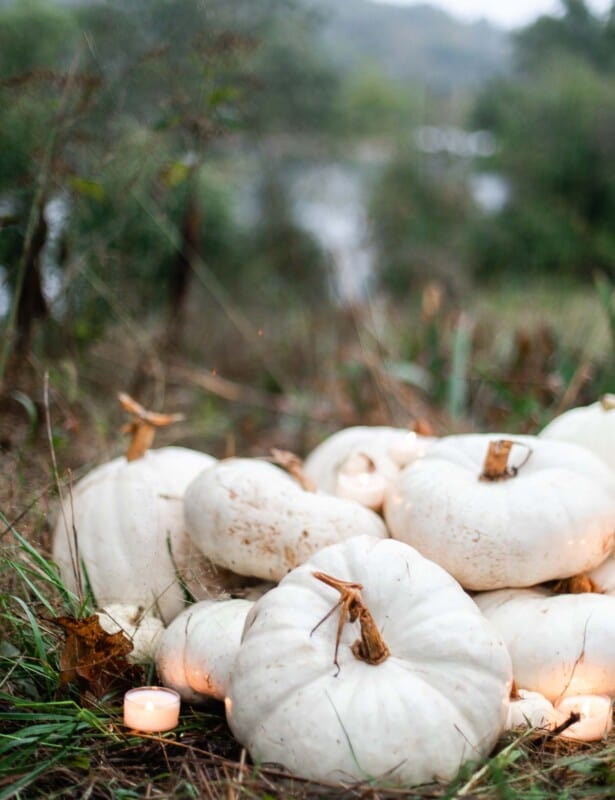 pile of white pumpkins with candlelight