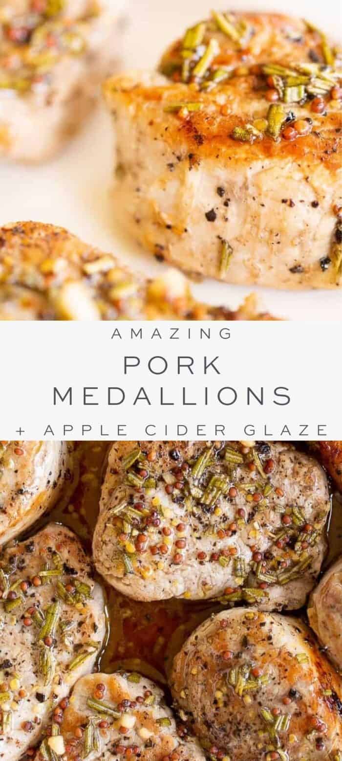 pork medallions in apple cider glaze, overlay text, close up of pork medallions