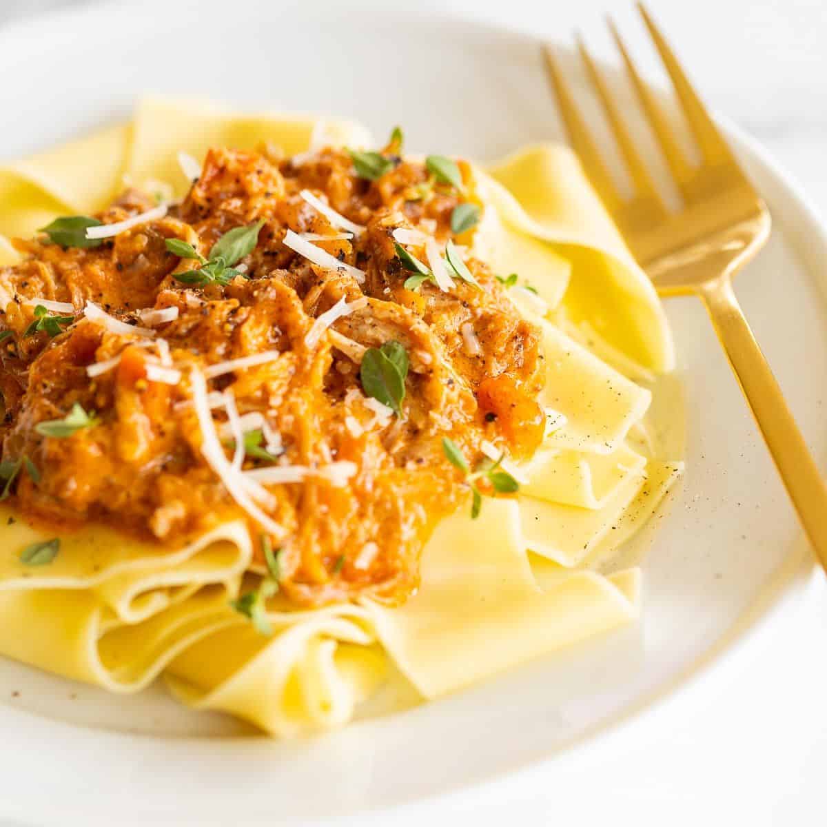 A round white plate on a marble surface featuring pork ragu pasta, gold fork to the side.