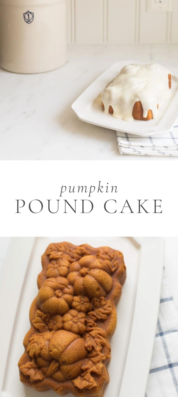 pumpkin pound cake on white plate with glaze and blue napkin